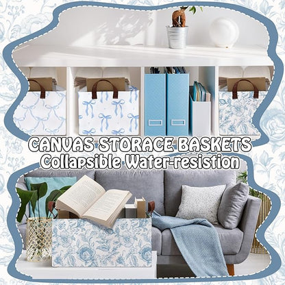 Boao 3 Pcs Blue Bow Storage Bin Collapsible Large Storage Baskets for Gifts Empty Candy Holiday Decor Canvas Laundry Basket Foldable Box with Handle for Office Home Bedroom Clothes