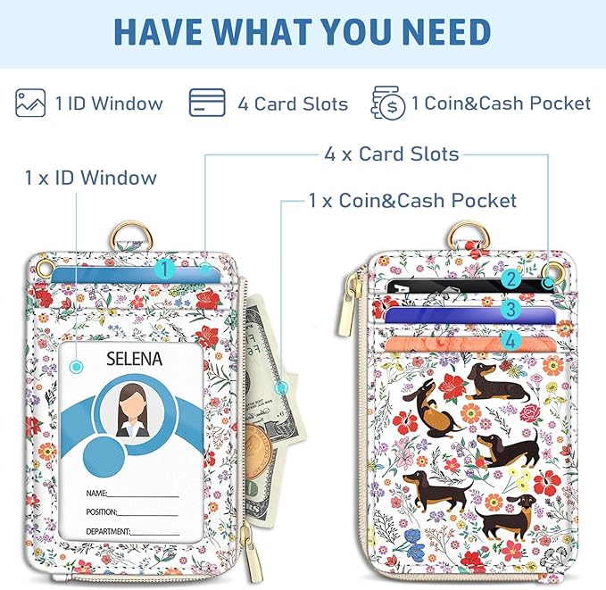 Dachshund Lanyard Wallet with ID Badge Holder, Flower Small RFID Wallet Women Keychain Wristlet, Slim Credit Card Holder with Zipper Pocket Phone Lanyard Wrist Strap Name Tag Woman Office Teacher Gift