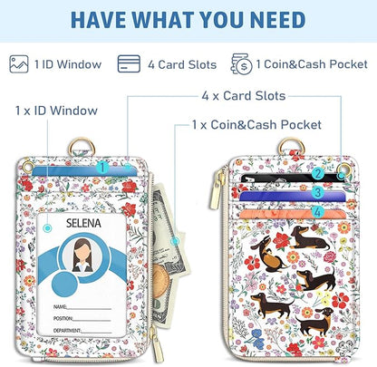 Dachshund Lanyard Wallet with ID Badge Holder, Flower Small RFID Wallet Women Keychain Wristlet, Slim Credit Card Holder with Zipper Pocket Phone Lanyard Wrist Strap Name Tag Woman Office Teacher Gift