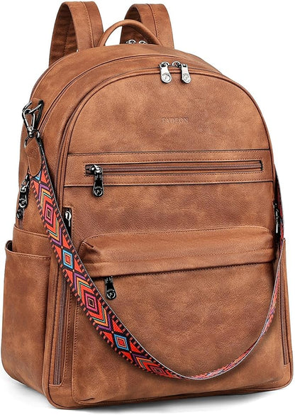 FADEON 15.6 inch Laptop Backpack Purse for Women Designer PU Leather Computer Backpacks Fashion for Work Travel Brown