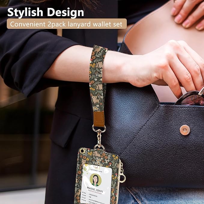 bolimoss Floral Cat Lanyard Wallet, Cute Sunflower Lanyards for ID Badge,ID Badge Holder with Breakaway Neck & Wristlet Lanyard, Pu Leather Zip Id Case Wallet for Women Woker Teacher Nurse