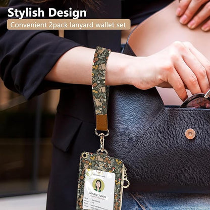 bolimoss Floral Cat Lanyard Wallet, Cute Sunflower Lanyards for ID Badge,ID Badge Holder with Breakaway Neck & Wristlet Lanyard, Pu Leather Zip Id Case Wallet for Women Woker Teacher Nurse