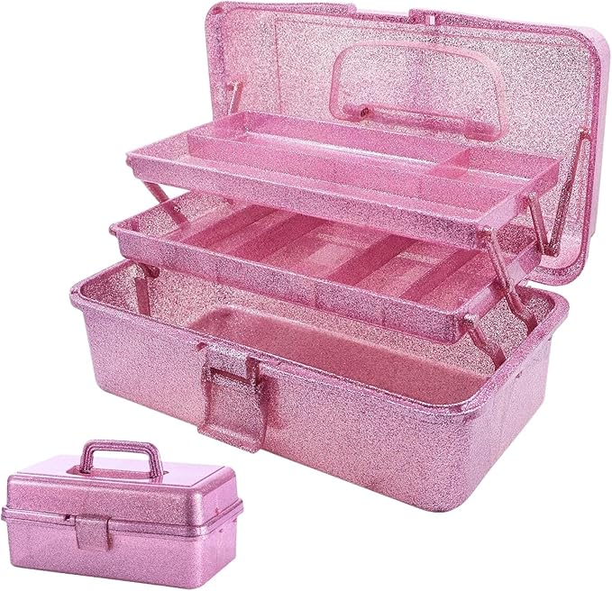 Saim Storage Bins, Three-Layer Multipurpose Art & Craft Storage Container, Carry Tackle Organizer, Medicine Cosmetic Art Supply Box for Art Supply Makeup Hair Accessories Painting Tools - Pink