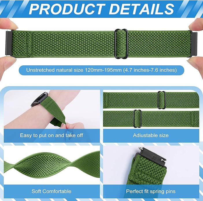 Compatible with 16mm 18mm 19mm 20mm 22mm 24mm Watch Bands Quick Release Replacement Wristband,Adjustable Stretchy Nylon Solo Loop Straps Fabric Braided Sport Elastic Bands for Men Women