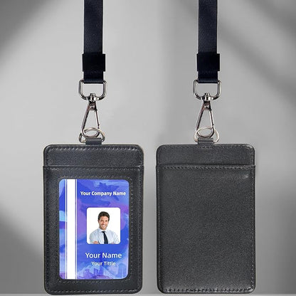 Leather Badge Holder with Adjustable Lanyards,Swivel Metal Clasp for Offices, Staff, Students, Employees(Black)