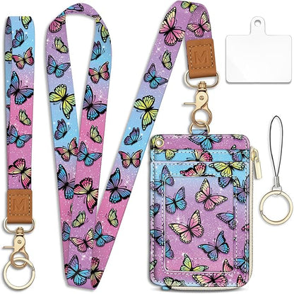 Piefly Butterfly Lanyard Wallet with ID Badge Holder, Small RFID Wallet Women Keychain Wristlet, Slim Credit Card Holder Case with Zipper Pocket Phone Lanyard Wrist Strap Name Tag Office Teacher Gift