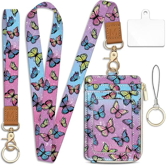 Piefly Butterfly Lanyard Wallet with ID Badge Holder, Small RFID Wallet Women Keychain Wristlet, Slim Credit Card Holder Case with Zipper Pocket Phone Lanyard Wrist Strap Name Tag Office Teacher Gift