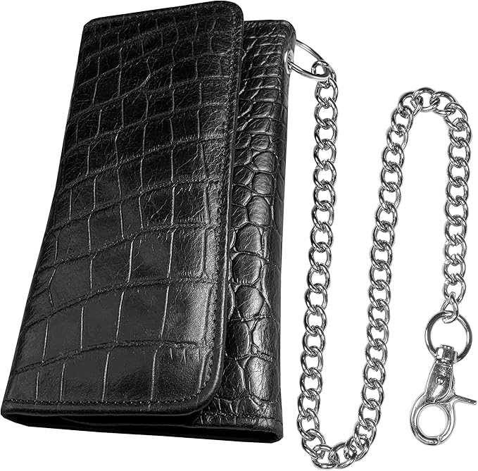 IBRO VINTAGE Motorcycle Chain Wallet for Men – Premium Cowhide Leather, RFID Tri-Fold Biker Wallet with Heavy Duty Chain for Bikers Truckers & Hunters, Credit Card Money Organizer Long Wallet | Long Trifold, RFID Blocking, Men's, Trucker Biker