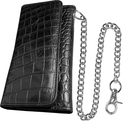 IBRO VINTAGE Motorcycle Chain Wallet for Men – Premium Cowhide Leather, RFID Tri-Fold Biker Wallet with Heavy Duty Chain for Bikers Truckers & Hunters, Credit Card Money Organizer Long Wallet | Long Trifold, RFID Blocking, Men's, Trucker Biker