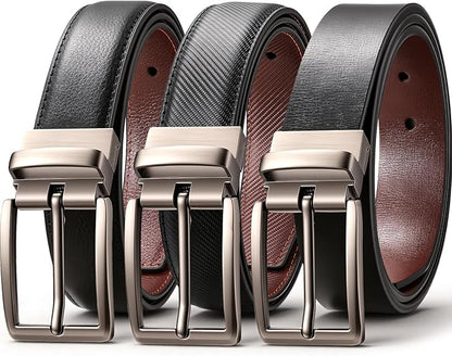 LMUGOOS 3 Pack Mens Belt Reversible Genuine Leather Belts - Adjustable & Cuttable 1.2" for Dress, Business, Casual & Jeans