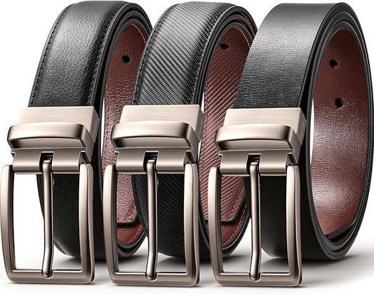 LMUGOOS 3 Pack Mens Belt Reversible Genuine Leather Belts - Adjustable & Cuttable 1.2" for Dress, Business, Casual & Jeans