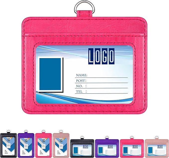Wisdompro 2-Sided PU Leather ID Badge Holder with 1 ID Window and 1 Card Slot and 1 piece 23 Inch Adjustable Polyester Detachable Neck Lanyard Strap (Holds 3 to 4 Cards) - Hot Pink (Horizontal)