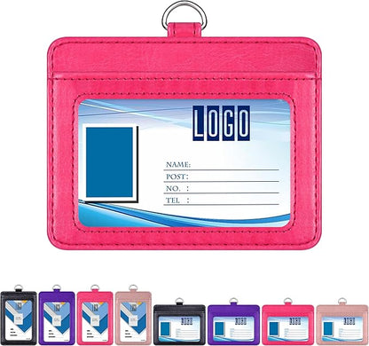 Wisdompro 2-Sided PU Leather ID Badge Holder with 1 ID Window and 1 Card Slot and 1 piece 23 Inch Adjustable Polyester Detachable Neck Lanyard Strap (Holds 3 to 4 Cards) - Hot Pink (Horizontal)
