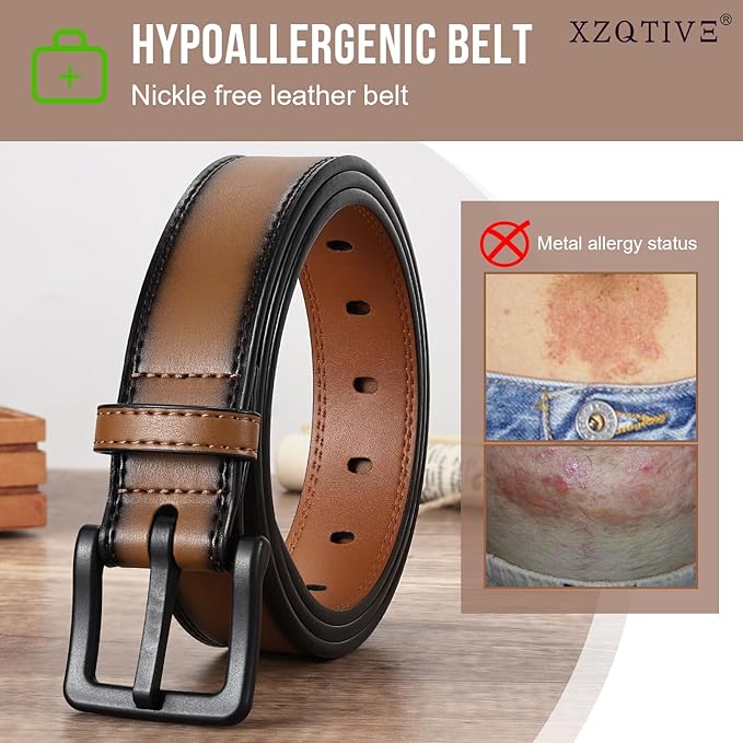 XZQTIVE Men’s Metal Free Belt Hypoallergenic Leather Belts For Jeans Dress Nickle Free TSA Belt With Black Buckle