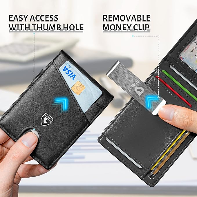 GSOIAX Slim Leather RFID Bifold Wallet for Men Minimalist Front Pocket Wallet with Money Clip,12 Card Slots,ID Window,Cool Groove Design,Includes Gift Box (Leather Black)