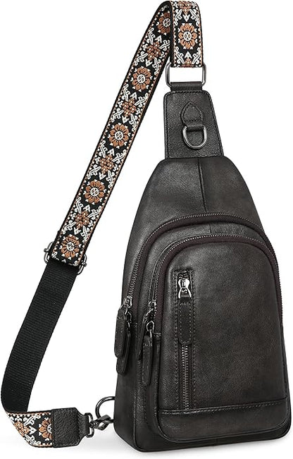 HESHE Leather Sling Bag for Women Crossbody Bags with Multi-Pocket Stylish Fanny Packs for Travel Chest Bag