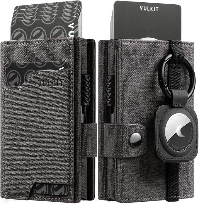 VULKIT Airtag Wallet with Keyring Mens Pop up Credit Card Wallet with Air Tag Holder Trifold ID Window RFID Blocking（Grey）