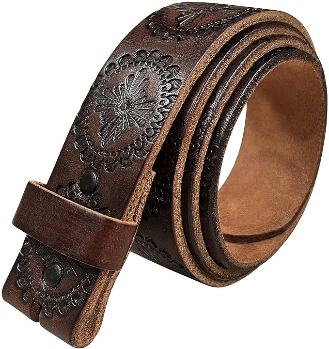 Western Floral Engraved Embossed Tooled Genuine Leather Belt Strap or Belt 1-1/2"(38mm) Wide, Multi-Style Options