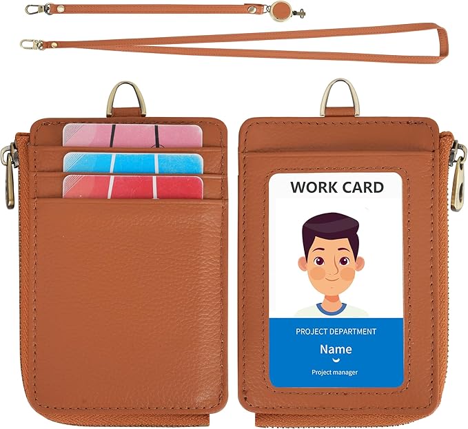 Wason Badge Holder Card Wallet Real Leather with Zipper, Detachable Neck Lanyard, Hand Strap, Retractable Badge Reel, Multi Purpose Case for ID Permit Badge Coin Key Driver's License (Brown)