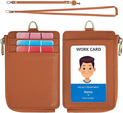 Wason Badge Holder Card Wallet Real Leather with Zipper, Detachable Neck Lanyard, Hand Strap, Retractable Badge Reel, Multi Purpose Case for ID Permit Badge Coin Key Driver's License (Brown)