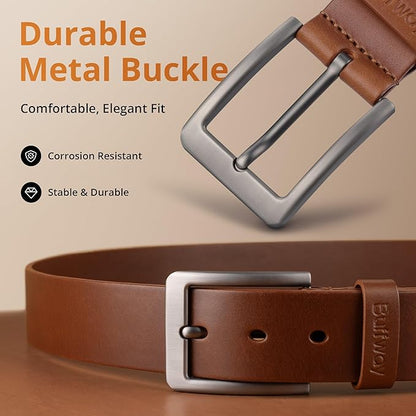 Buffway Men’s Full Grain Leather Belt – Solid One-Piece Leather, 1.5” Wide for Jeans & Business Casual, Gift Box Included