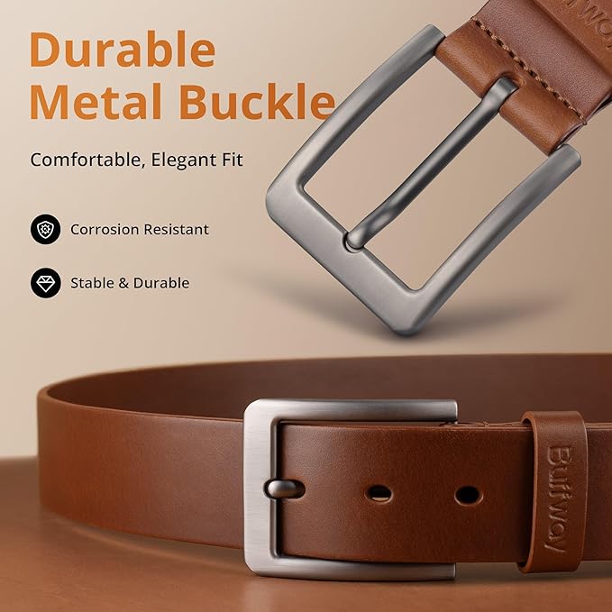 Buffway Men’s Full Grain Leather Belt – Solid One-Piece Leather, 1.5” Wide for Jeans & Business Casual, Gift Box Included