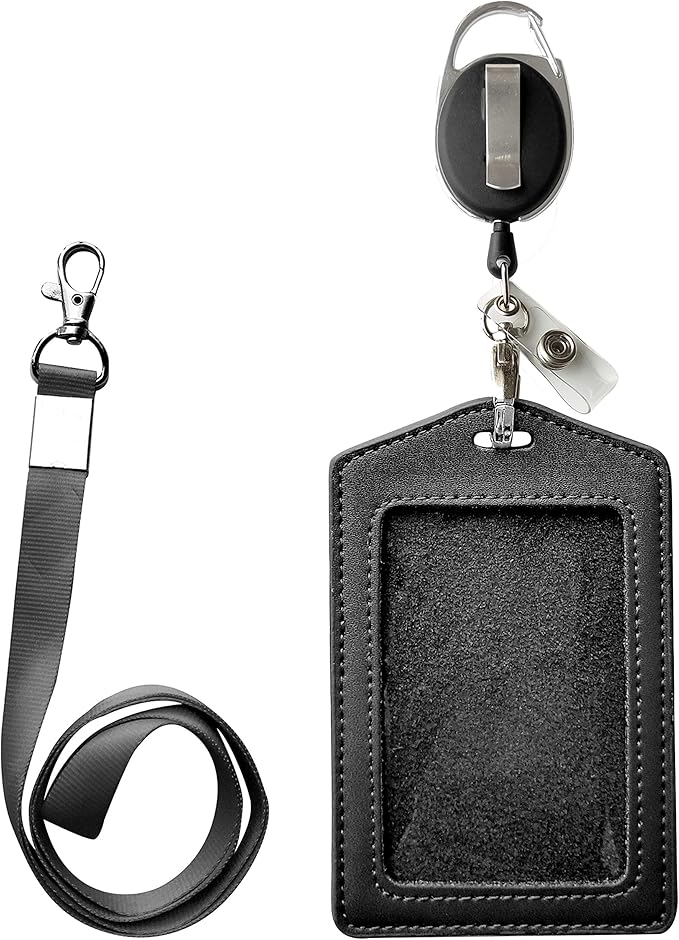 ID Card Case + Heavy Duty Lanyard (Black) + Badge Holder Retractable Reel Carabiner and Plastic Clip (Genuine Leather)