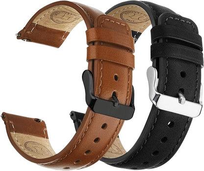 Fullmosa 18mm 20mm 22mm 24mm Leather Watch Bands, 2 Pack Soft Quick Release Watch Strap Compatible with Garmin Vivoactive 5/6/4/3, Venu 4/3S/2S, Samsung Galaxy Fossil Amazfit for Men Women,22mm Toffee Brown&Black/Black&Silver