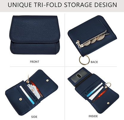 Women Small Wallet RFID Blocking Slim Wallet with Coin Pocket Tri-Fold Credit Card Holder with ID Window and Keychain(Navy Blue)