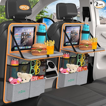 Plzpik Car Backseat Organizer with Tablet Holder,11 Storage Pockets with Foldable Food Tray, Protector Kick Mats for Kids, Travel Accessories Organizer (Orange, 2Pack with Food Tray)