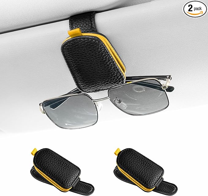 SINGARO Sunglasses Holder for Car, Leather Magnetic Buckle Sun Visor Sunglass Clip, Ticket Card Storage Glasses Clip, Car Interior Accessories for Men and Women（2PCS Black-Yellow）