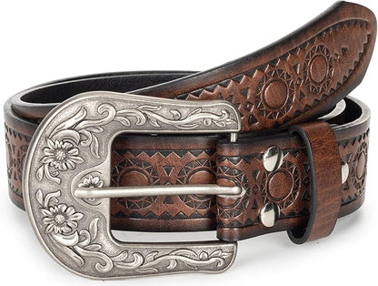 Mealah Vintage Western-Cowboy-Belt for Women Men - Carved Buckle PU Leather Waist Belts (for Waist 28"-38")