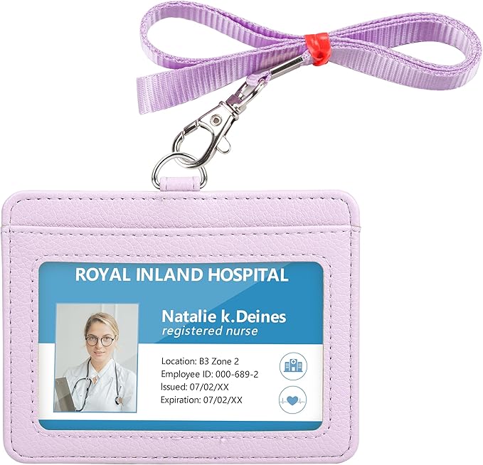 Teskyer Badge Holder with Lanyard, Leather ID Name Badge Card Holder with Lanyard for ID Badges, Horizontal, Lychee Pattern Lilac