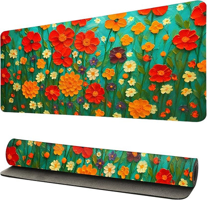 Oil Painting Flowers Desk Mat for Women, Large PU Leather Desk Pad with Non-Slip Base, Aesthetic Office Keyboard Cover for Gaming & Home Work, Artistic Desk Decor (31.5 * 15.75in)