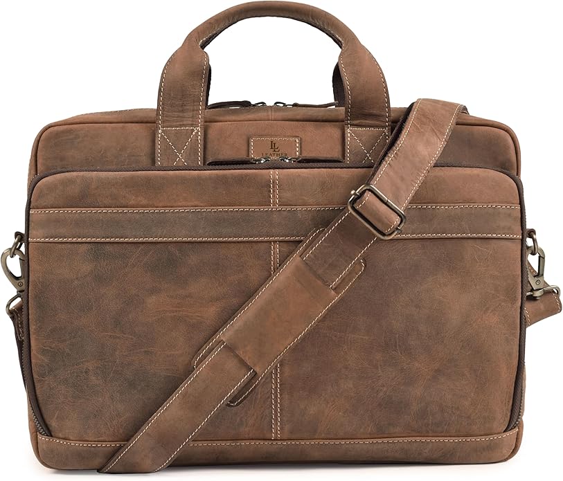 Full Grain Leather Messenger Bag for Men, 16” Briefcase Laptop Satchel Vintage Professional Office Work & Travel Bag