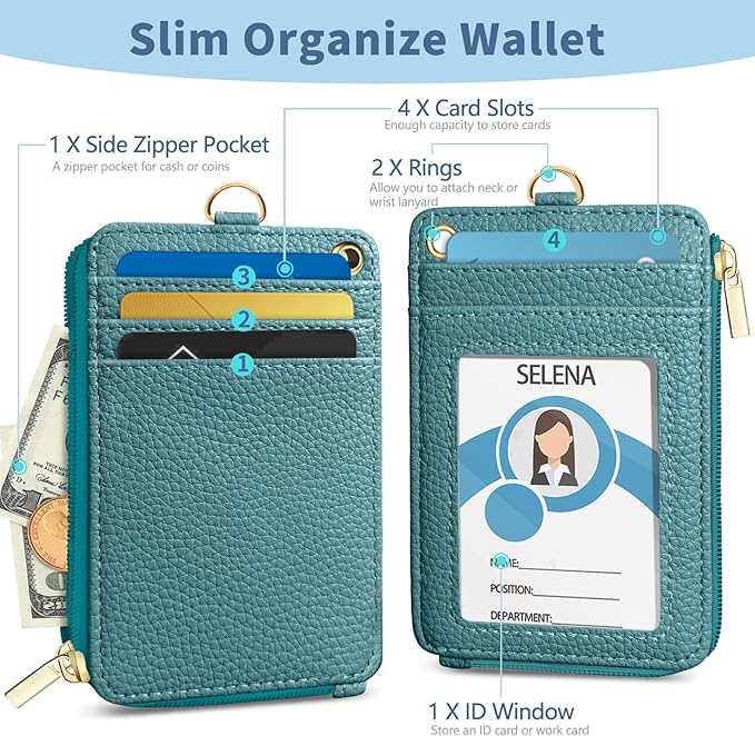 Lanyard Wallet with Id Badge Holder, Blue RFID Small Keychain Wallet Women Wristlet, Minimalist Zipper Credit Card Holder Phone Wrist Neck Strap for Key Name Tag, Teacher Student Office Gift
