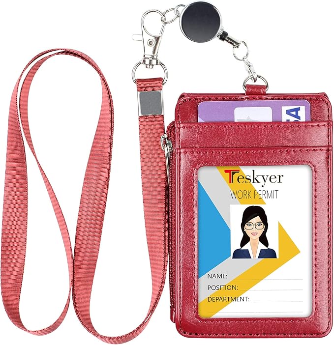 Teskyer Leather Badge Holder with Lanyard and Retractable Badge Reel, 4 Card Slots ID Card Holder with 1 Zipper Pocket for Office School Name Work IDs, Wine Red