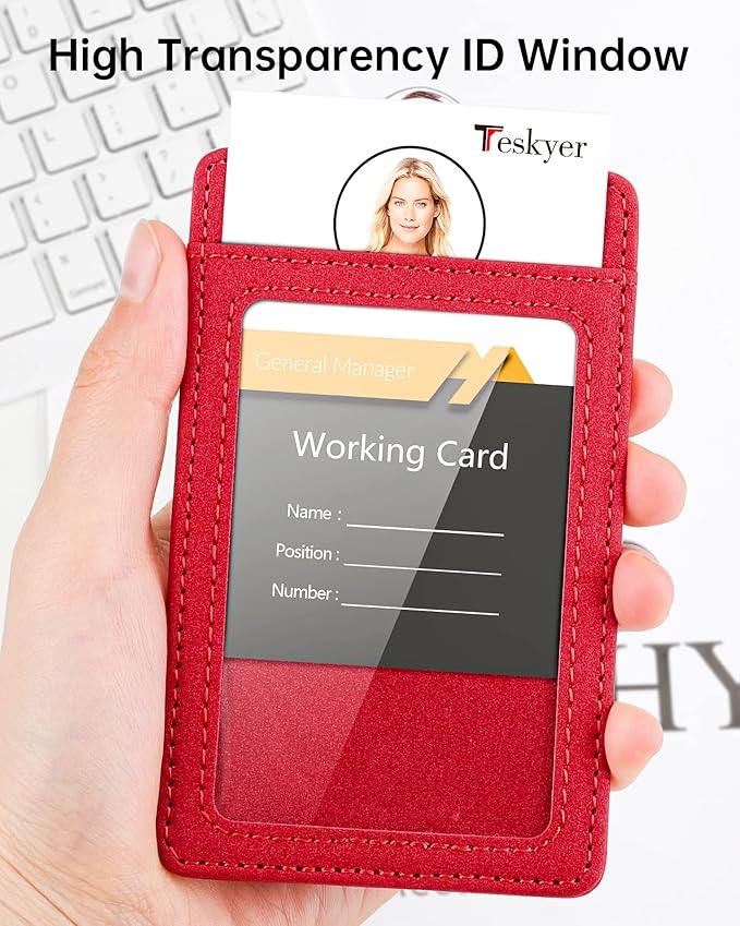 Teskyer Badge Holder with Lanyard, Leather ID Name Badge Card Holder with Lanyard for ID Badges, Vertical, Starry Red