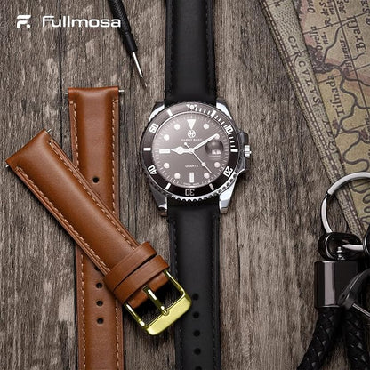 Fullmosa 18mm 20mm 22mm 24mm Leather Watch Bands, 2 Pack Soft Quick Release Watch Strap Compatible with Garmin Vivoactive 5/6/4/3, Venu 4/3S/2S, Samsung Galaxy Fossil Amazfit for Men Women,22mm Toffee Brown&gold/Black&Black