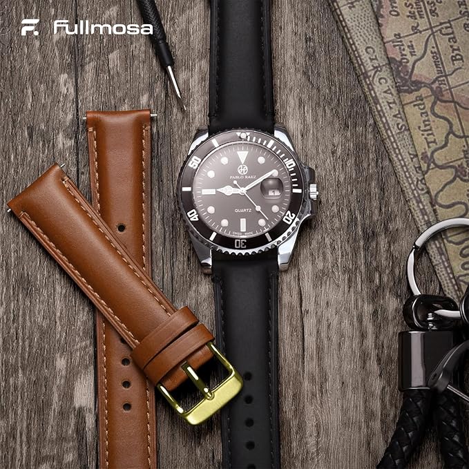 Fullmosa 18mm 20mm 22mm 24mm Leather Watch Bands, 2 Pack Soft Quick Release Watch Strap Compatible with Garmin Vivoactive 5/6/4/3, Venu 4/3S/2S, Samsung Galaxy Fossil Amazfit for Men Women,20mm Toffee Brown&gold/Black&Black