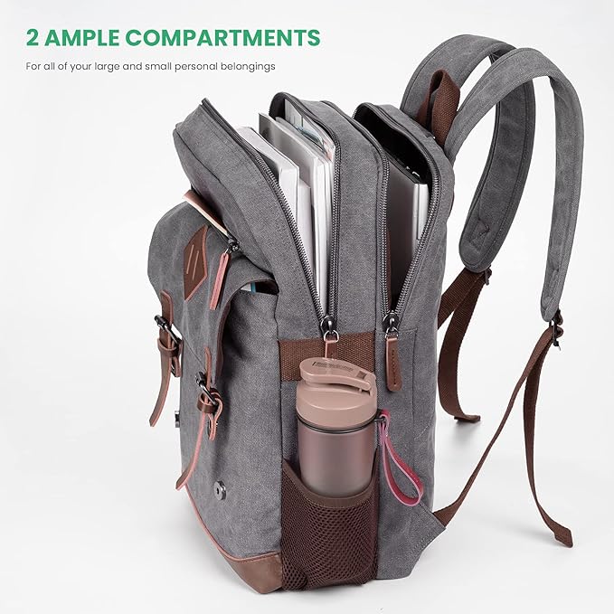 Modoker Eco-Friendly Vintage Backpack for Men Women, Canvas Bookpack Fits Most 15.6 Inches Computer and Tablets, Rucksack Backpack with USB Charging Port, Grey