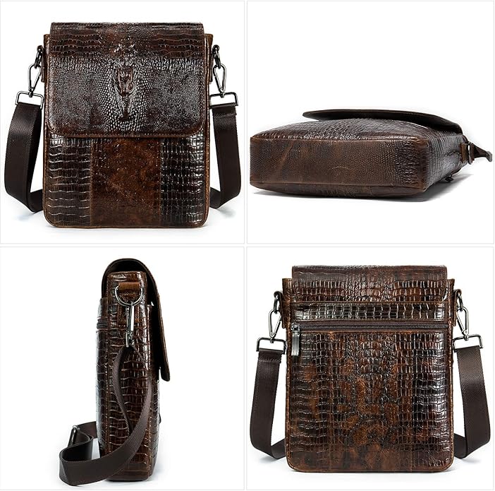 NIUCUNZH Leather Flap Messenger Bag for Men Small Crossbody Shoulder Bag,Novelty Crocodile Embossed