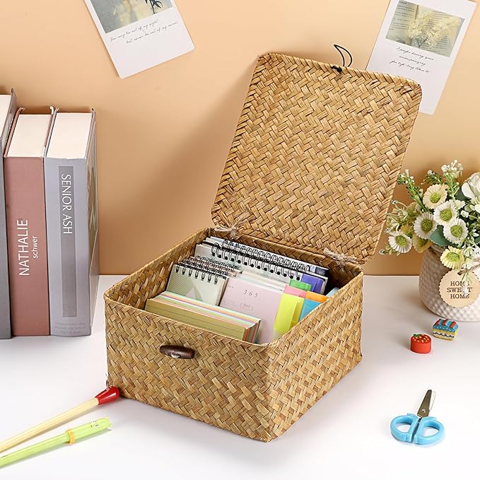 Hipiwe Wicker Shelf Basket Bin with Lid Square Handwoven Seagrass Box Decorative Household Storage Container Multipurpose Organize for Bookshelf Living Room Bathroom, Small Caramel
