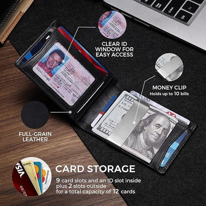 Zitahli Genuine Leather Wallet for Men 12 Card Slim Mens Wallets Bifold RFID Blocking with Money Clip & ID Window Thin Minimalist Card Holder Wallet with Gift Box