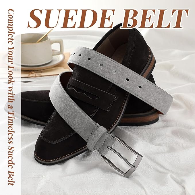 XZQTIVE Mens Suede Belt - 1 3/8" Genuine Leather Dress Belt for Jeans Dress Handmade Classic Every Day Belt