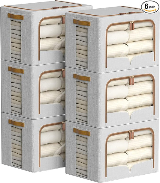FHSQX 6 Pack Clothes Storage Bins - Foldable Storage Bins for Clothes Fabric Storage Box with Metal Frame (Light Grey, 19.7x15.7x13.8 inch)