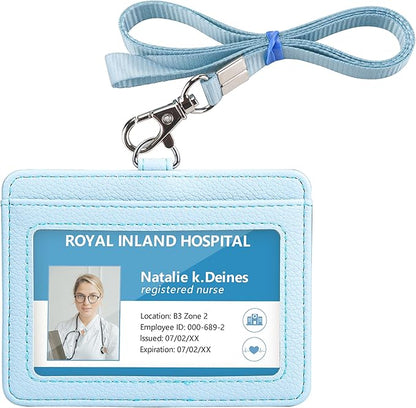 Teskyer Badge Holder with Lanyard, Leather ID Name Badge Card Holder with Lanyard for ID Badges, Horizontal, Lychee Pattern Cyan