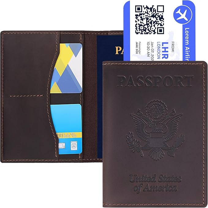 Shvigel Genuine Leather Passport Cover – Passport Holder for Men & Women – Crazy Horse Leather Travel Wallet Brown