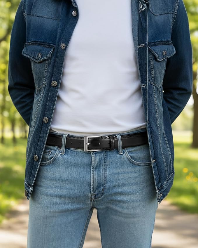 maikun Mens Black Leather Belt, 1 1/8" Casual Dress Belt with Adjustable Buckle for Jeans Office
