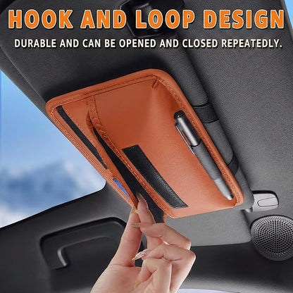 HOLDCY Car Visor Organizer – Sun Visor Storage Pouch Holder for Vehicle Truck SUV, PU Leather Auto Interior Accessories for Registration Document, Gas Card & Sunglasses, Universal Fit (Oranger)